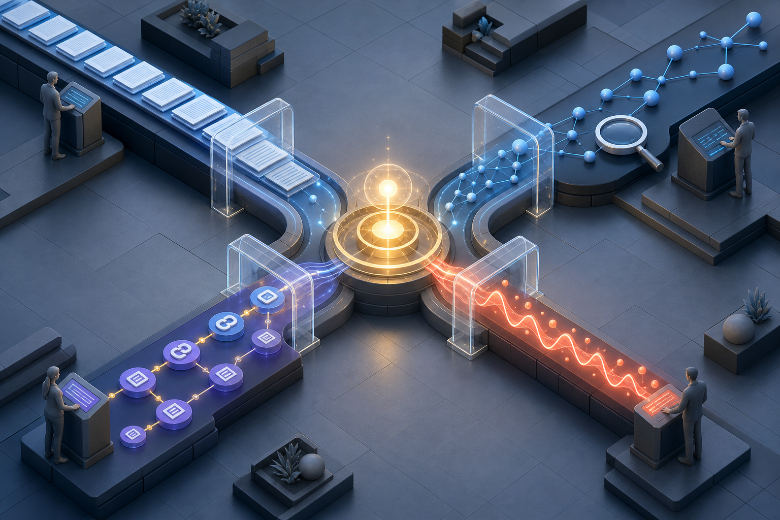 Four visual pathways pass through separate checkpoints and converge on an illuminated destination as people oversee different control stations.