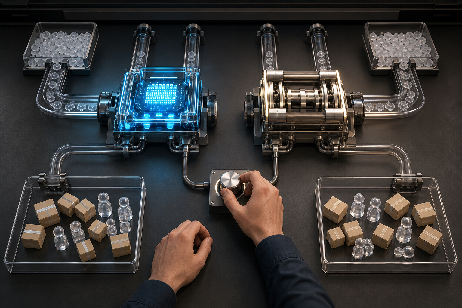 Two parallel advertising experiment channels compare an AI-controlled route with a stable control route using purchase and customer outcome objects.