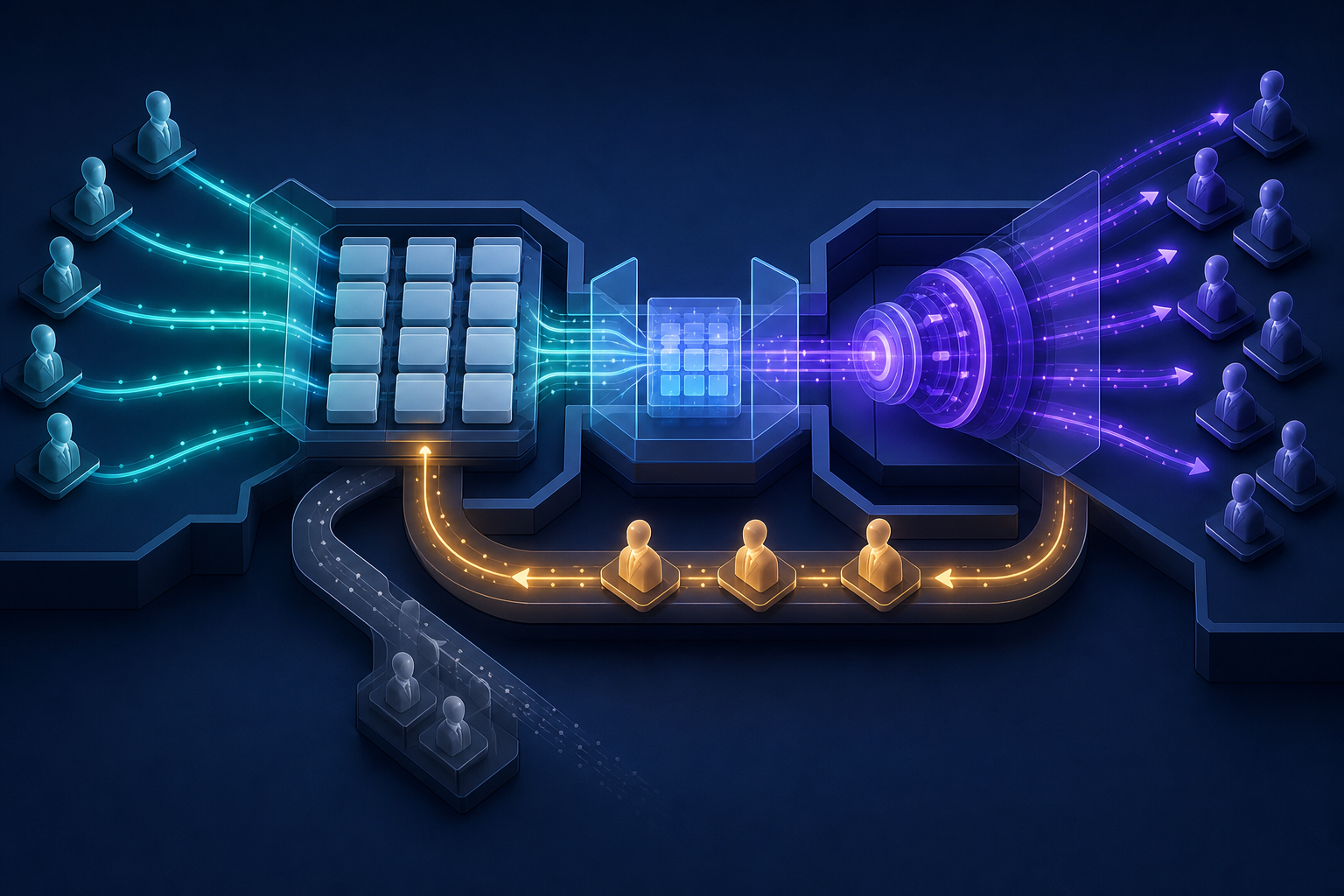 An isometric system sends lead signals between business contacts, organized customer records, and an advertising engine, with bright qualified signals returning through the loop.