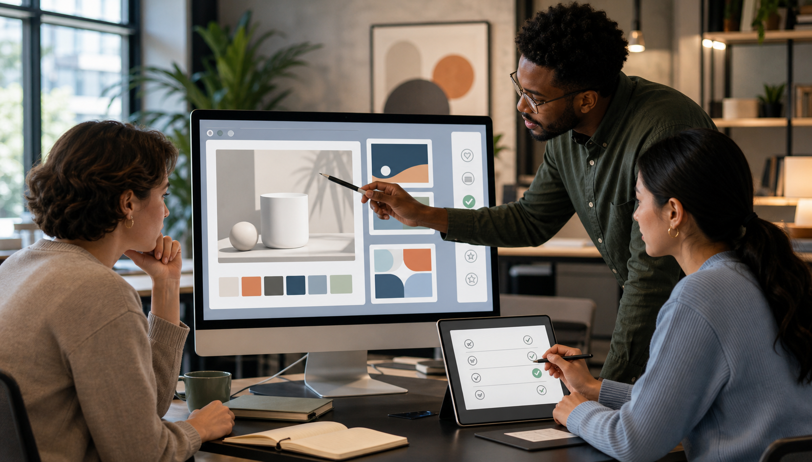A marketing team checks an AI-generated ad mockup for imagery, layout, and approval criteria.