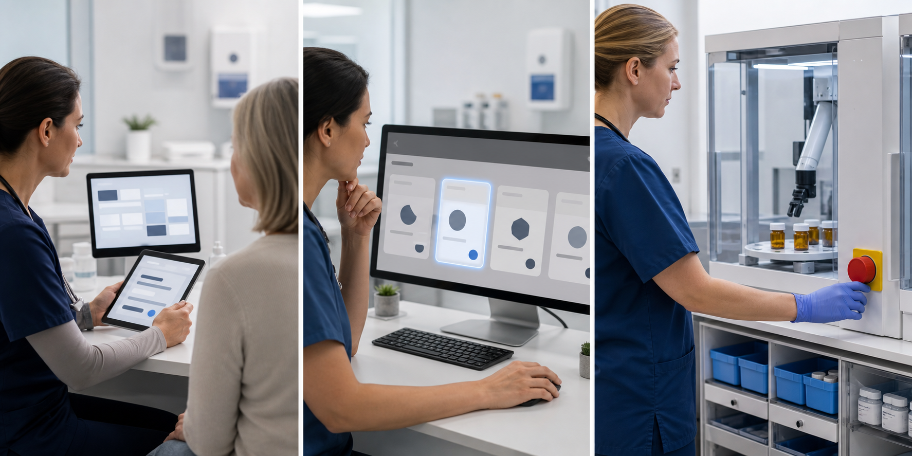 A three-part clinical scene shows AI organizing information, presenting a recommendation, and operating supervised medication equipment.