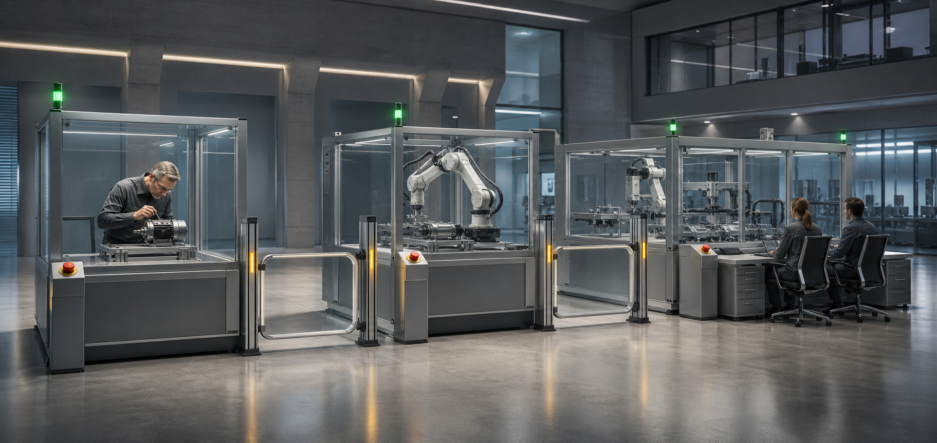 Three transparent workstations show automation expanding from one inspected mechanism to a larger system monitored by two analysts, with checkpoints between stages.