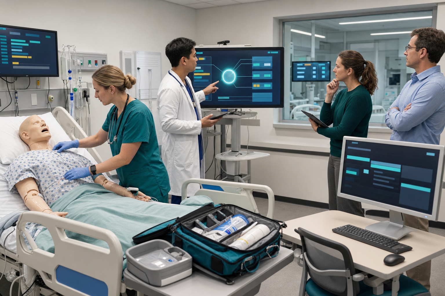 A nurse, physician, informaticist, and human-factors specialist test an AI-supported process with a training mannequin in a clinical simulation room.