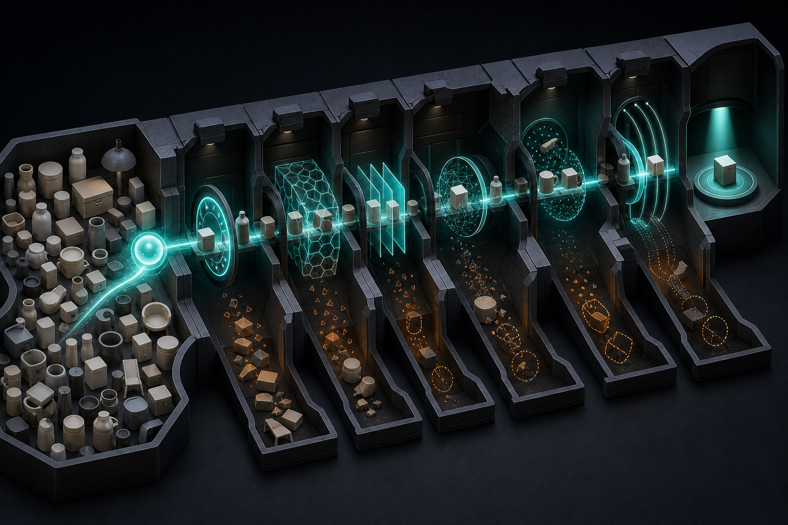 A glowing software agent passes generic products through several visual filtering and verification stages before making a final selection.
