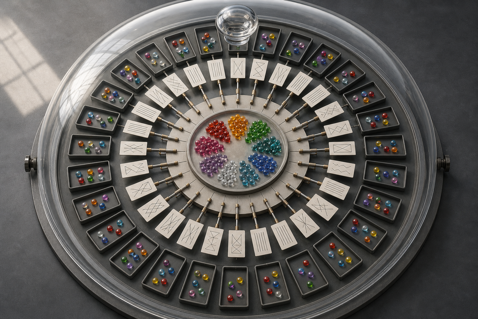 A circular testing apparatus sends identical abstract prompt tiles into many trays containing different arrangements of colored objects, with glass beads grouped at the center.