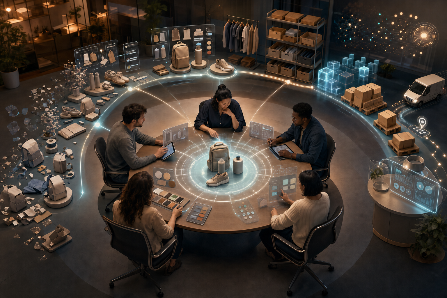 A cross-functional commerce team coordinates product information, inventory, fulfillment, analytics, and customer experience around a shared digital product model.