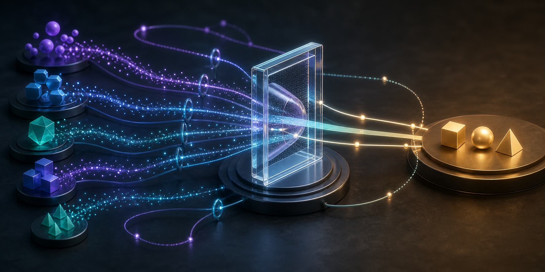 Multiple streams of discovery signals pass through a website-like gateway and continue toward a smaller group of completed tokens.