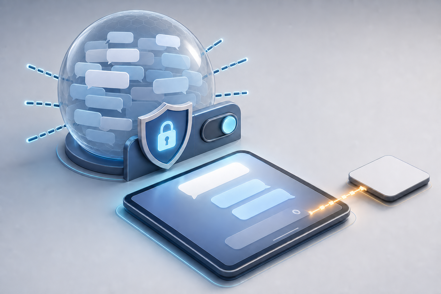 A glowing current conversation connects to a blank promotional tile while an enclosed archive of older messages remains disconnected behind a privacy shield.