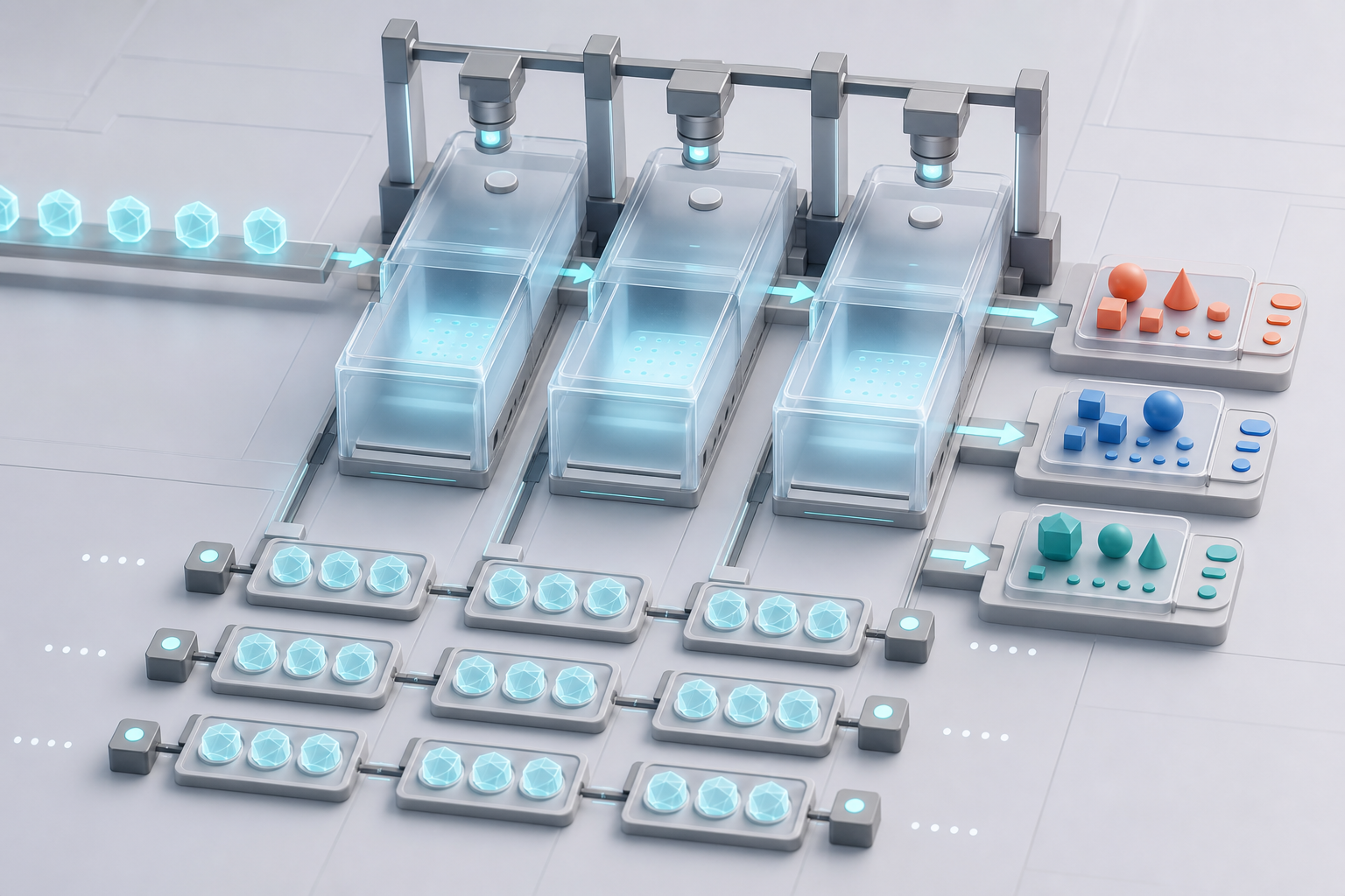 Identical glowing tokens pass through three parallel answer chambers that produce varying answer shapes and source markers.