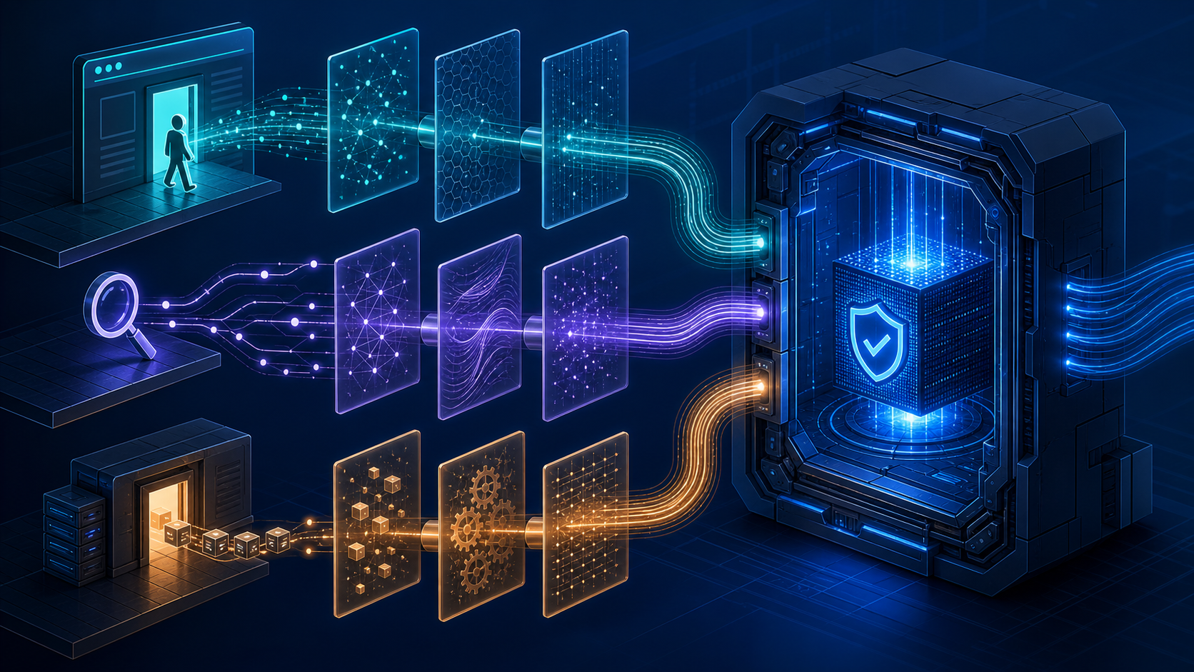 Separate pathways for a human visitor, a branching search trace, and machine-like request packets pass through sensors into an analysis hub.