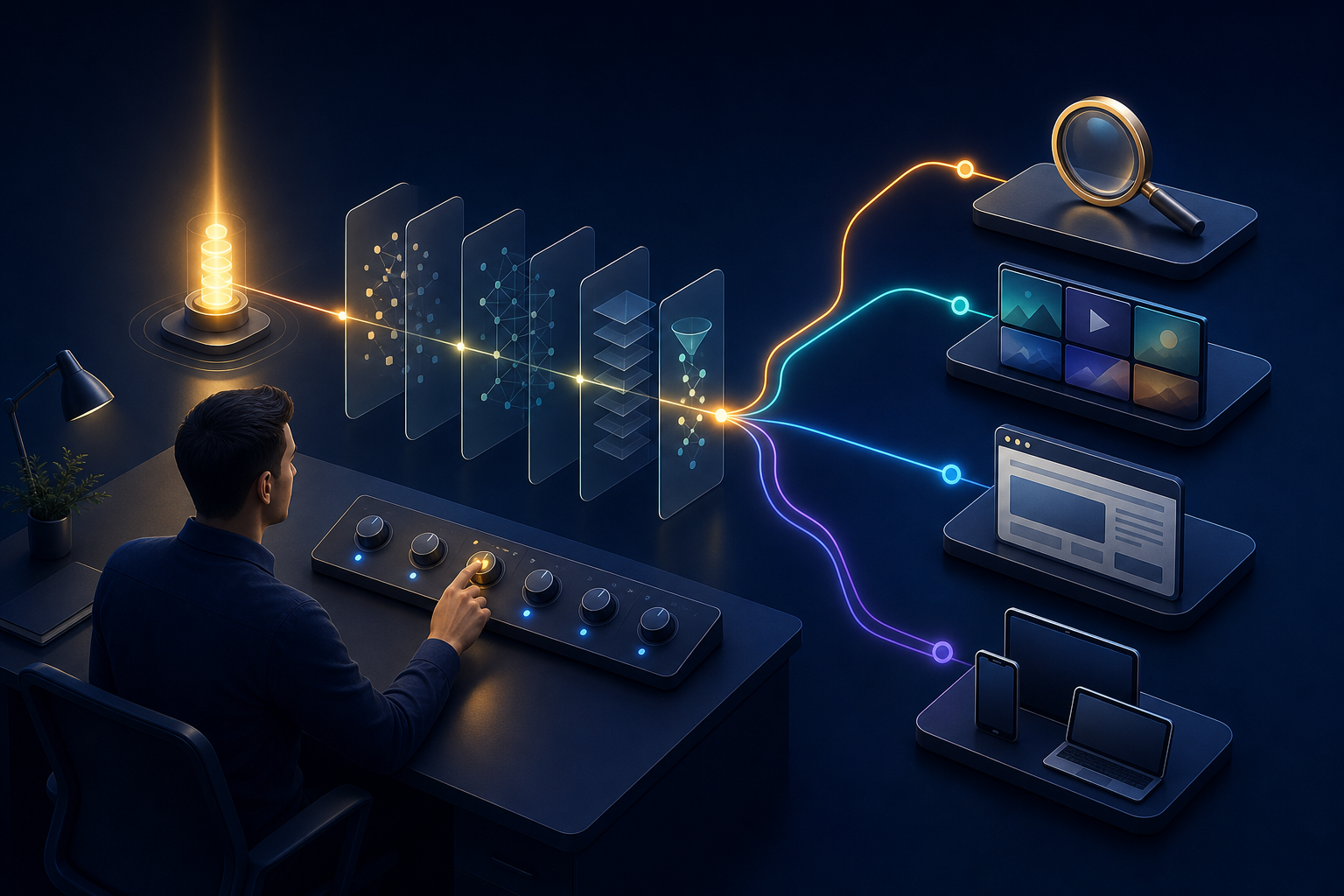 An analyst traces a glowing conversion signal through layered campaign diagnostics and four abstract media pathways while adjusting one control.