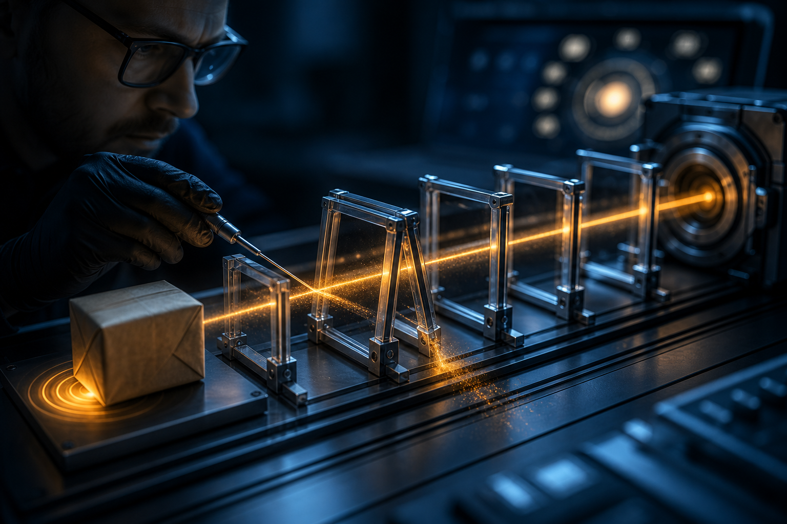 A technician inspects a glowing signal passing from a parcel through translucent verification gates, with one gate visibly misaligned.