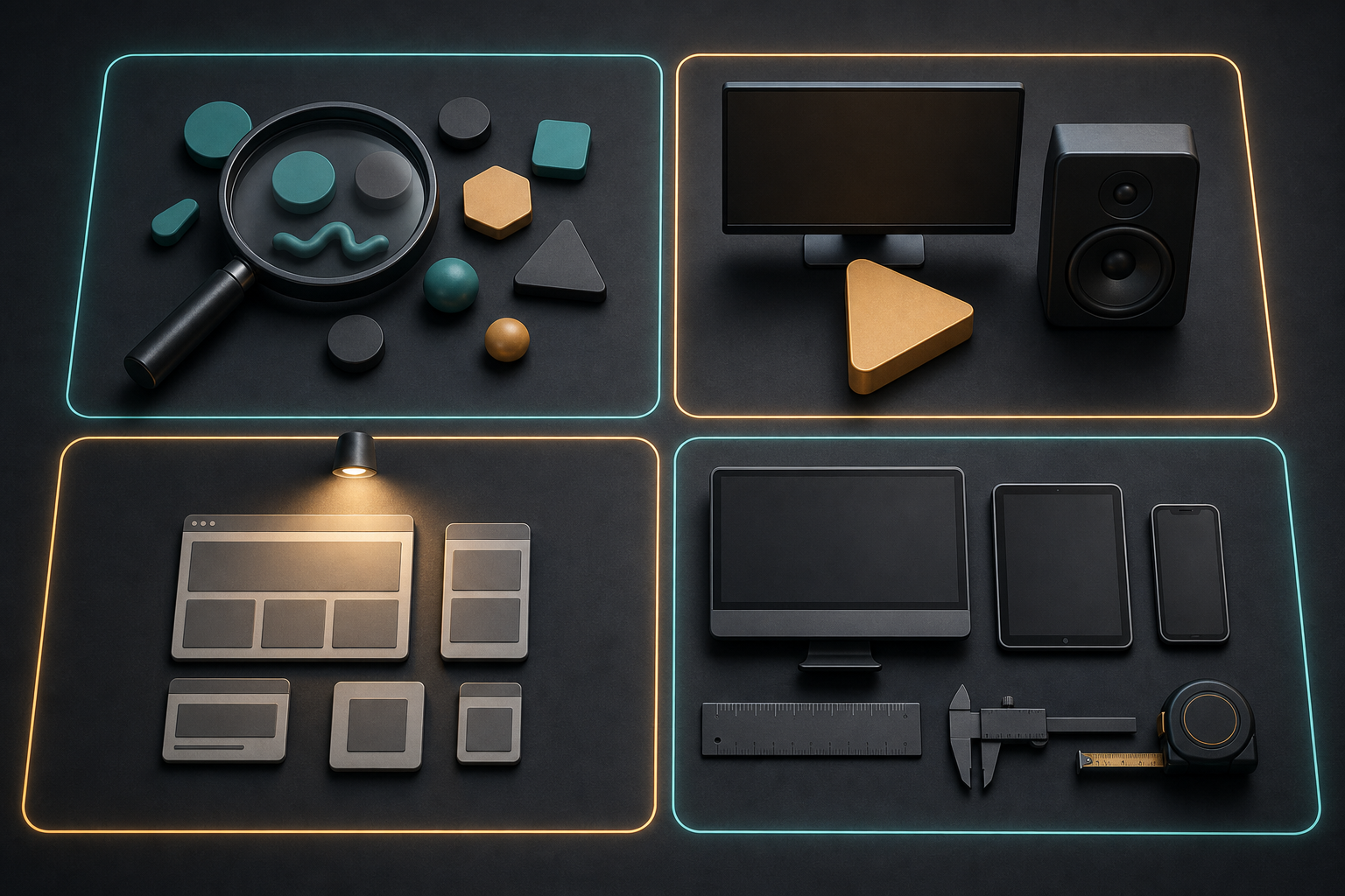 Four isolated diagnostic stations represent search, media channels, placements, and devices on an organized dark workbench.