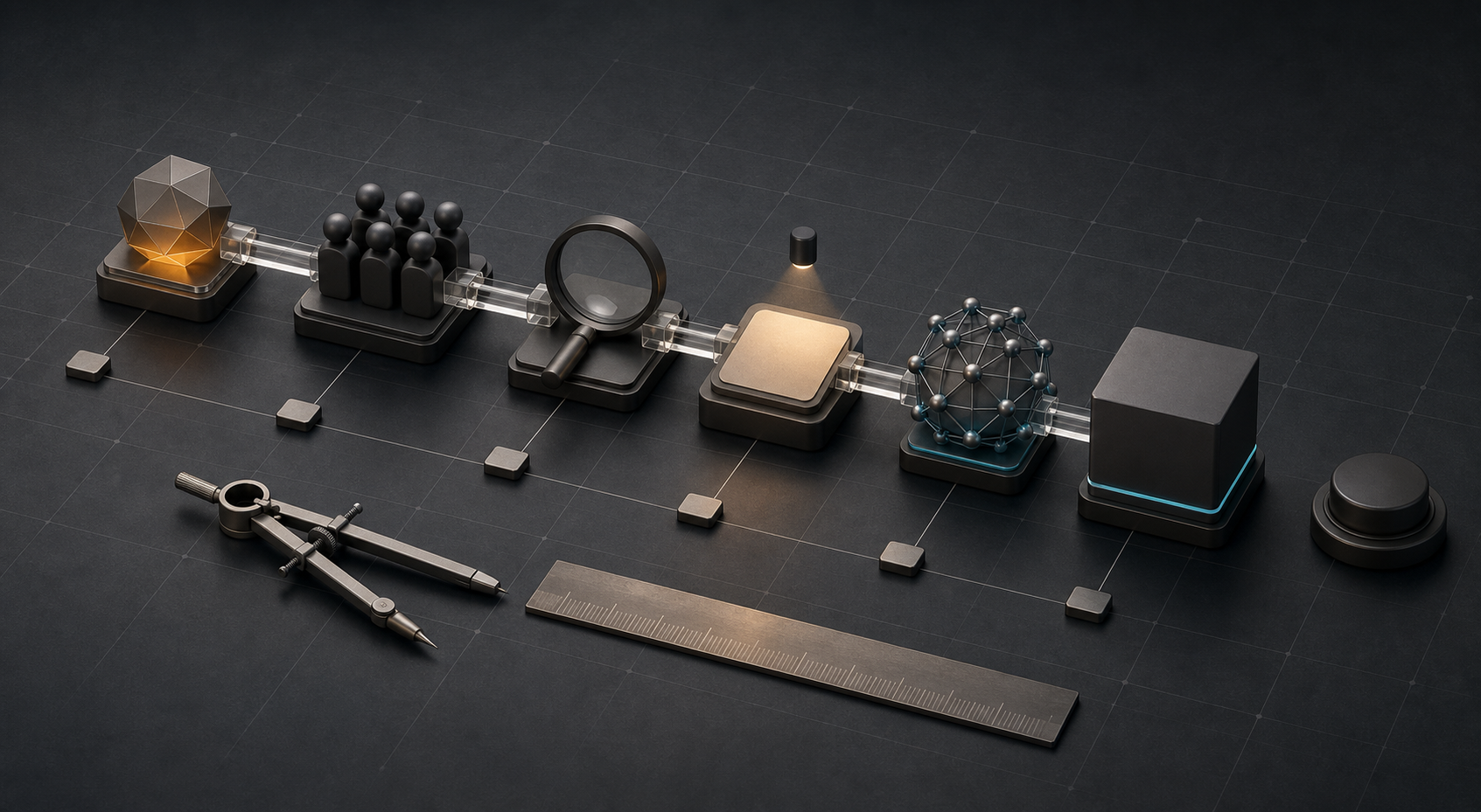 Blank campaign, audience, search, knowledge, and outcome objects are connected on a measured tabletop before an unlit launch button.