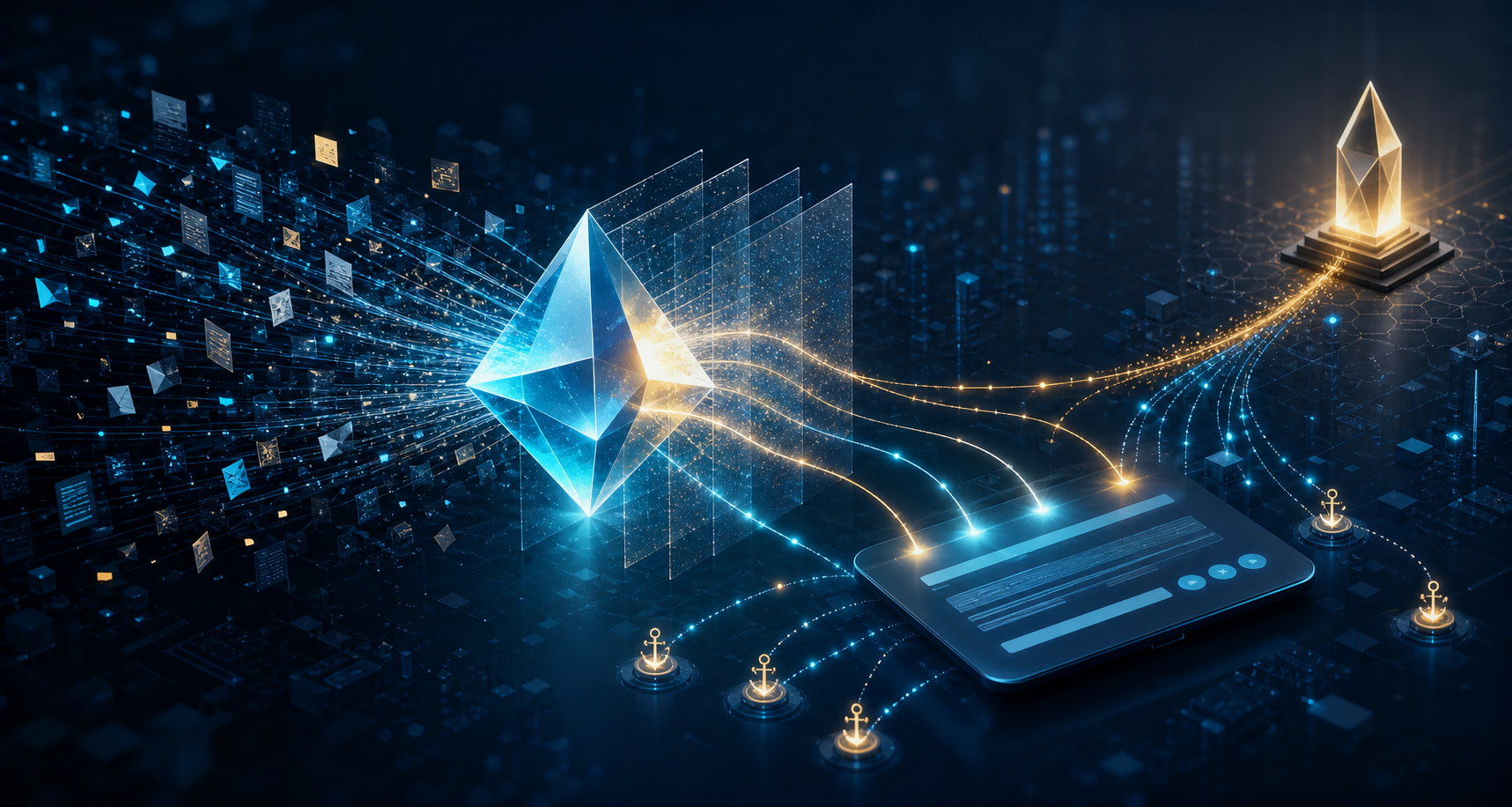 A glowing prism filters information fragments into evidence trails that connect an abstract AI answer interface with a geometric brand beacon.