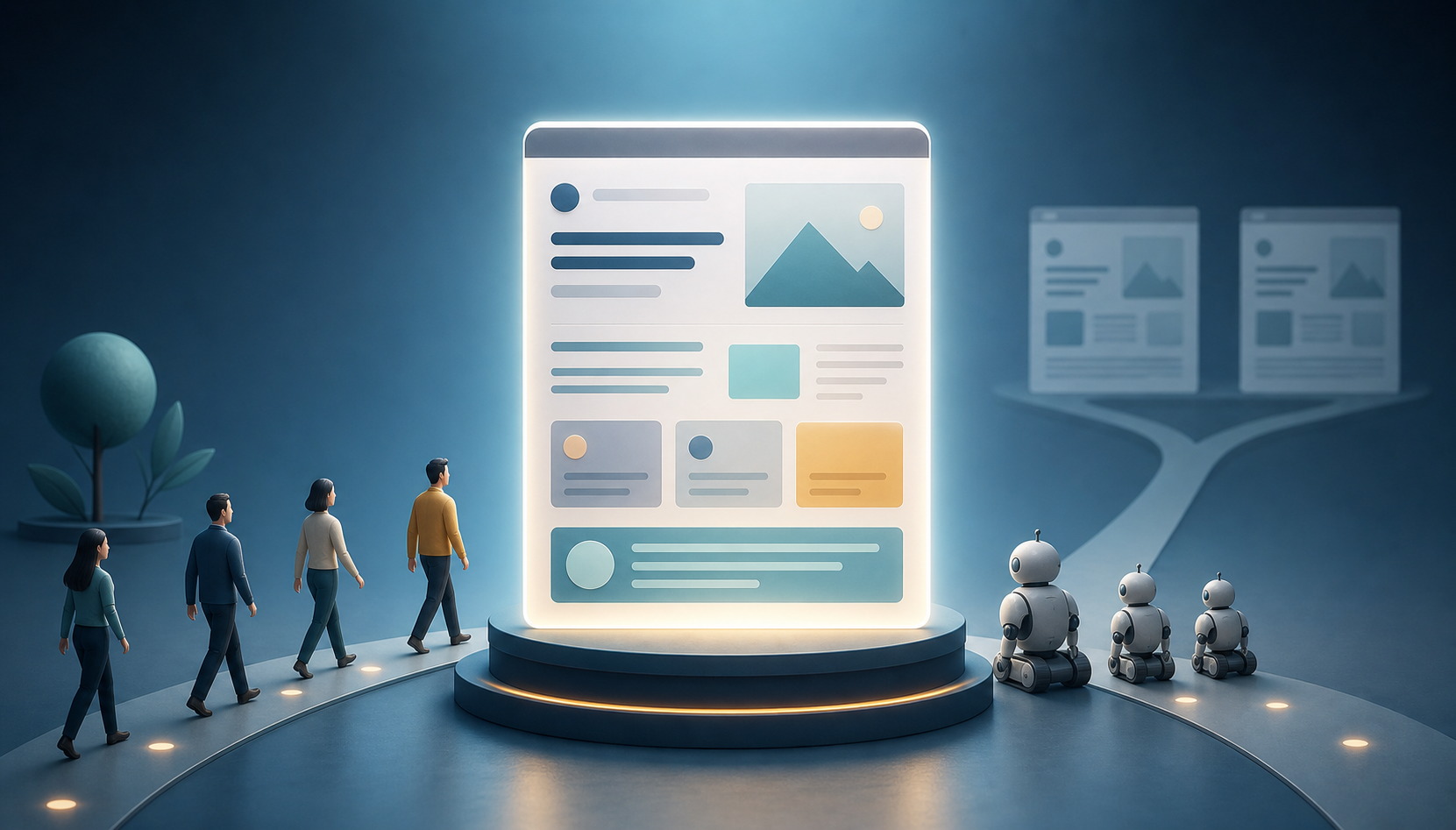 An abstract browser page serves both human visitors and crawler figures while a faint path branches toward two duplicate documents in the background.