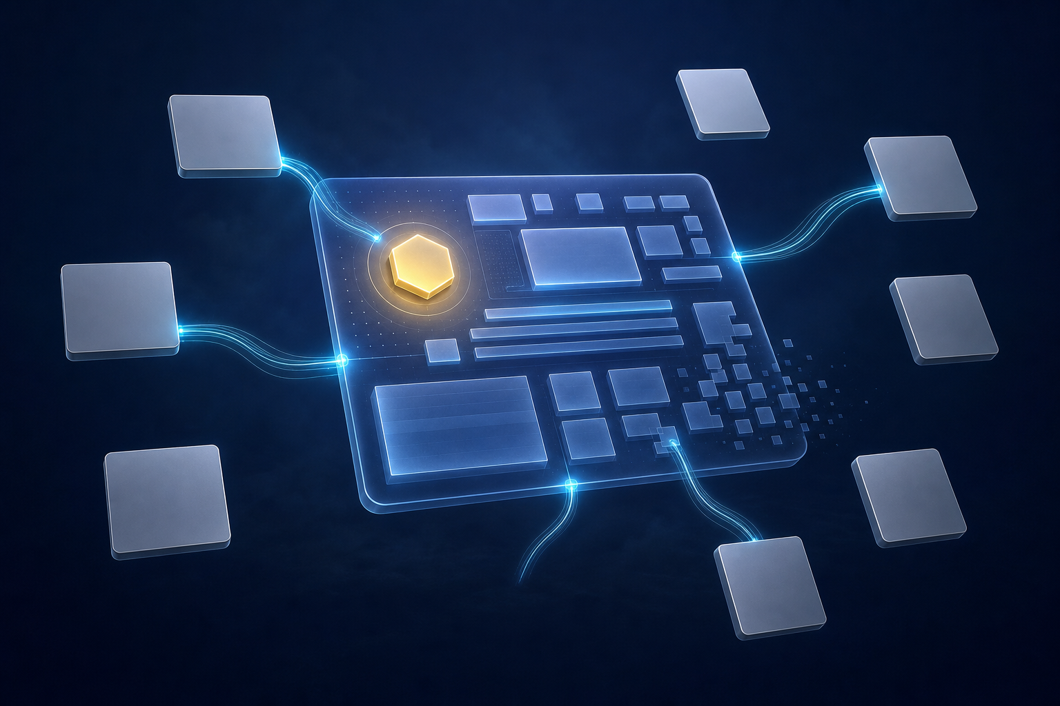 Blank source cards connect by glowing threads to an abstract answer surface containing an illuminated token and organized geometric content blocks.