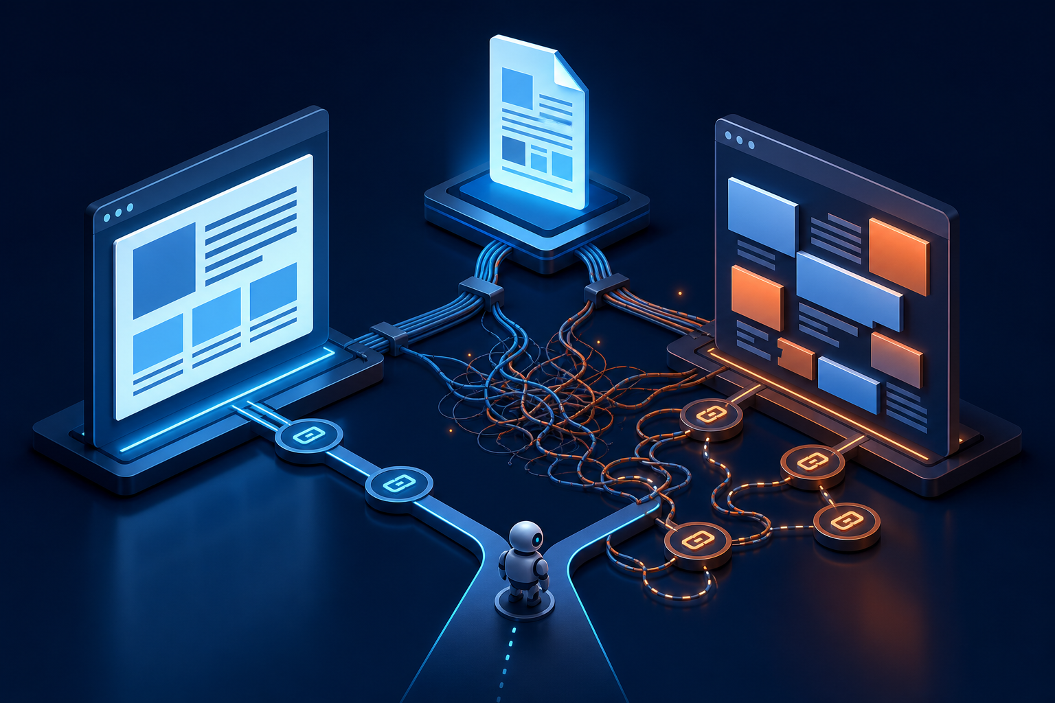 Two parallel web pages drift out of alignment as tangled paths and mismatched content blocks surround a crawler at a fork.