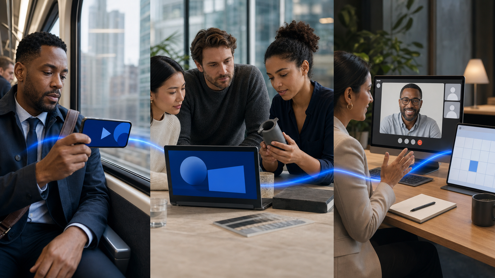Three connected scenes show an executive noticing a phone video, a buying group reviewing product proof, and a buyer joining a sales meeting.