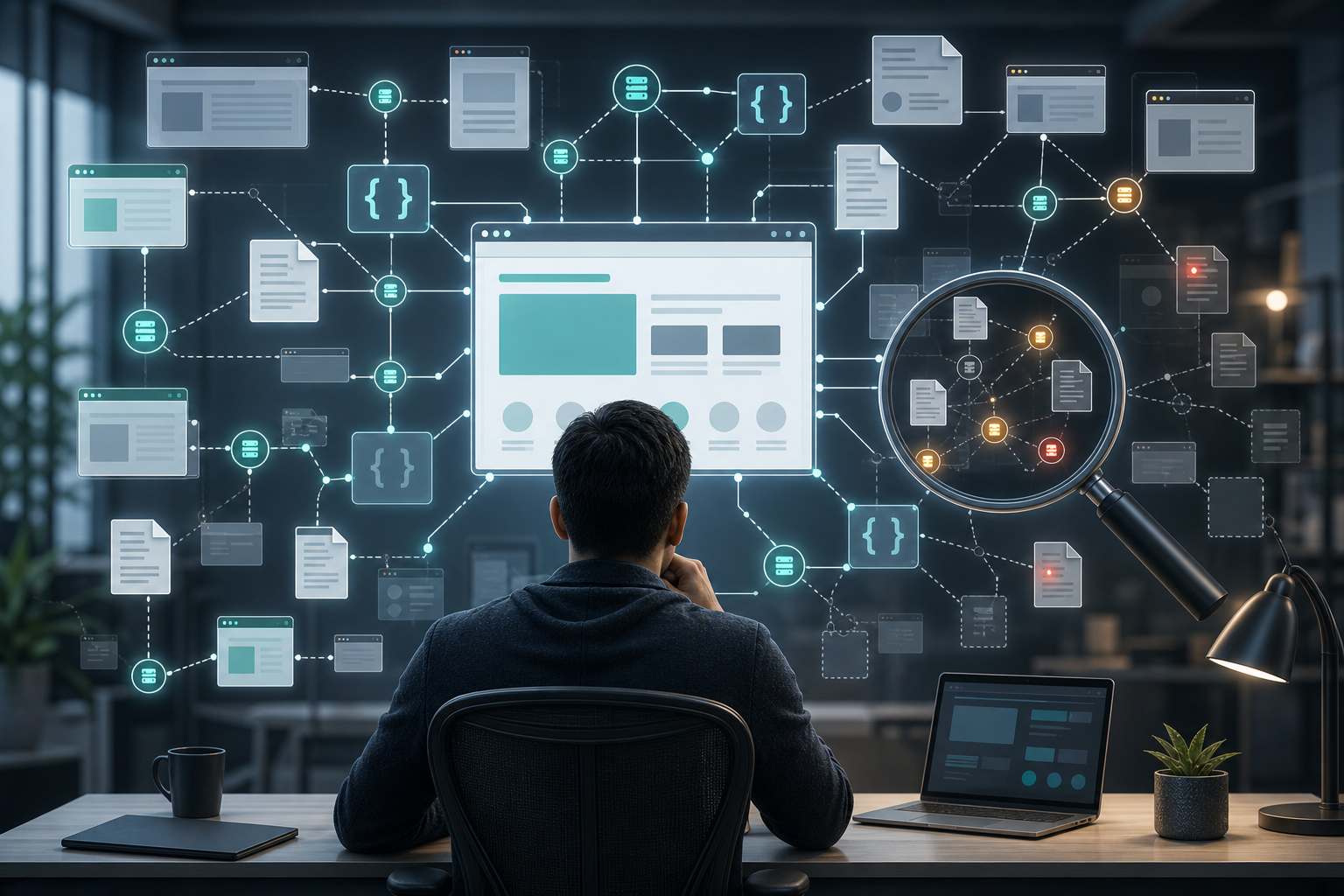 An analyst inspects a network of web pages, document files, and data endpoints with a magnifying lens highlighting forgotten branches.