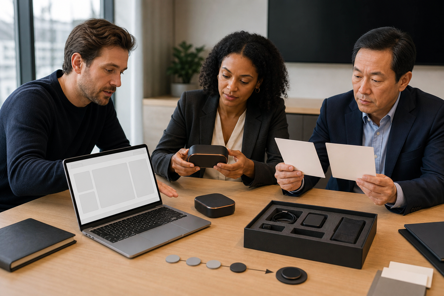 Three business decision-makers review a product workflow, a finished deliverable, and an implementation kit with a technical specialist.