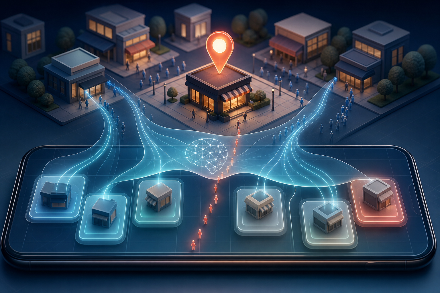 An isometric neighborhood business remains under a fixed location pin while an AI-like search layer redirects most customer paths toward other storefronts.