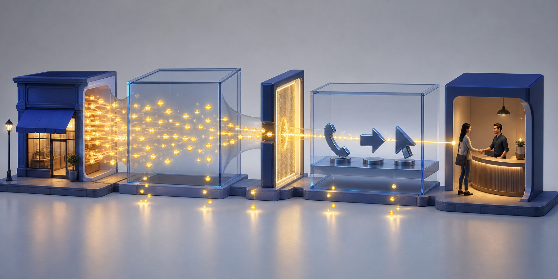 A storefront signal moves through four connected stages, with some signals dropping away before a customer reaches a business reception desk.