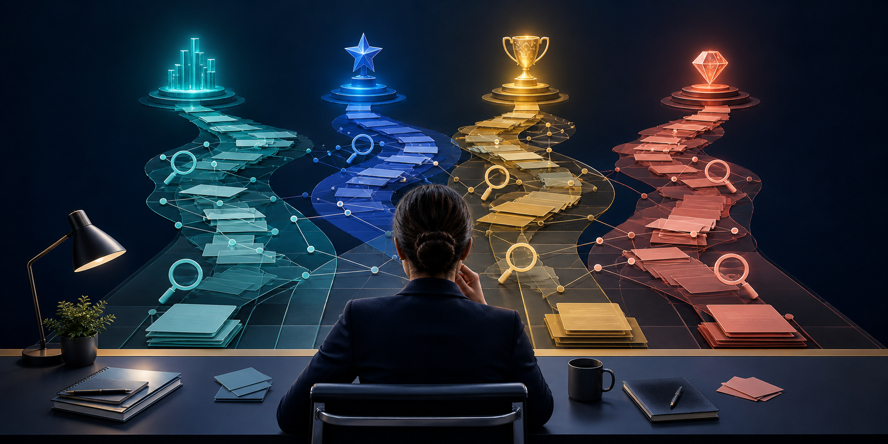 A professional examines four overlapping visual pathways that lead to different destinations.