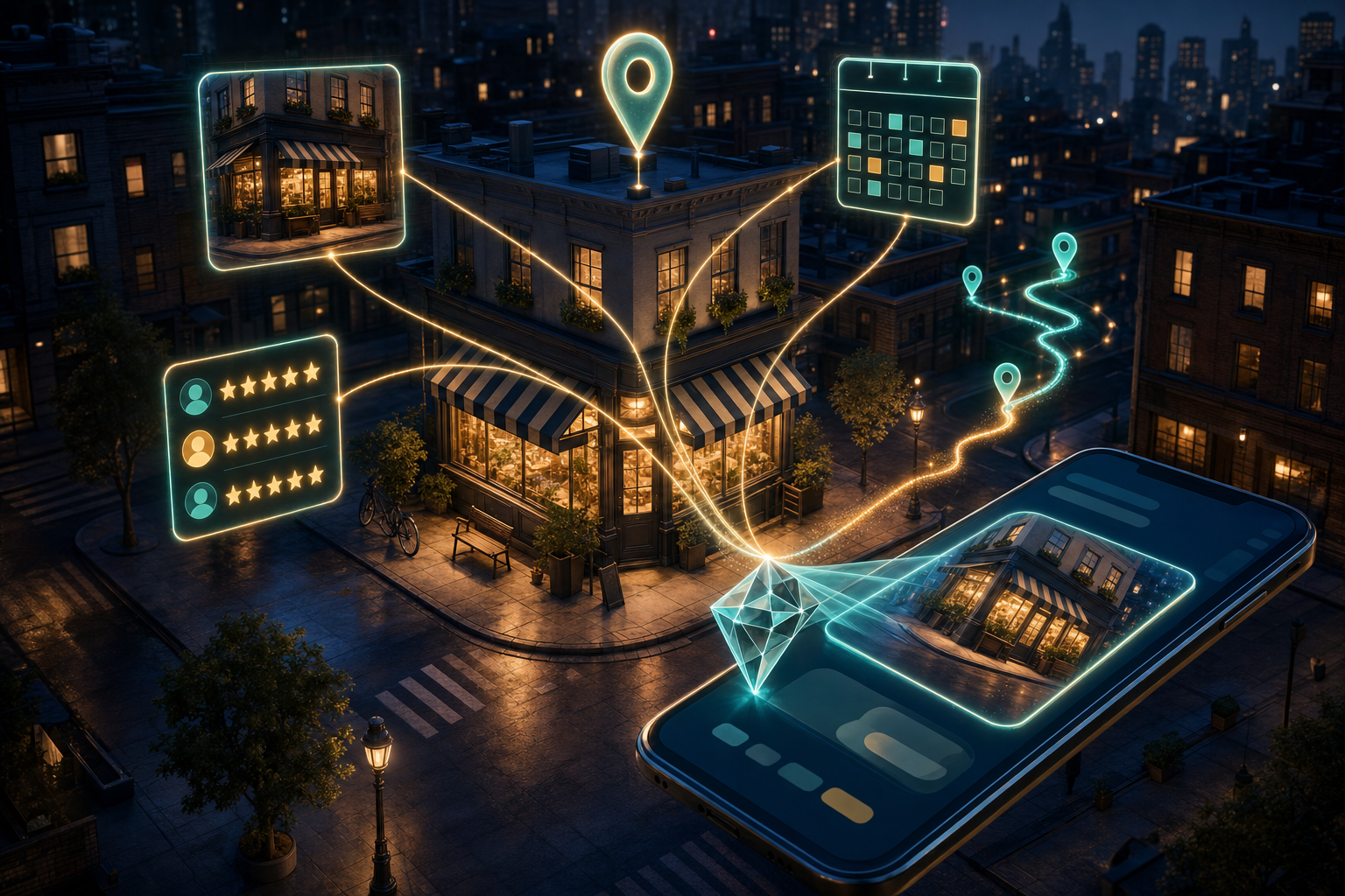 Glowing map, photo, calendar, review, and route symbols connect a neighborhood shop to a translucent AI prism and a mobile search surface.
