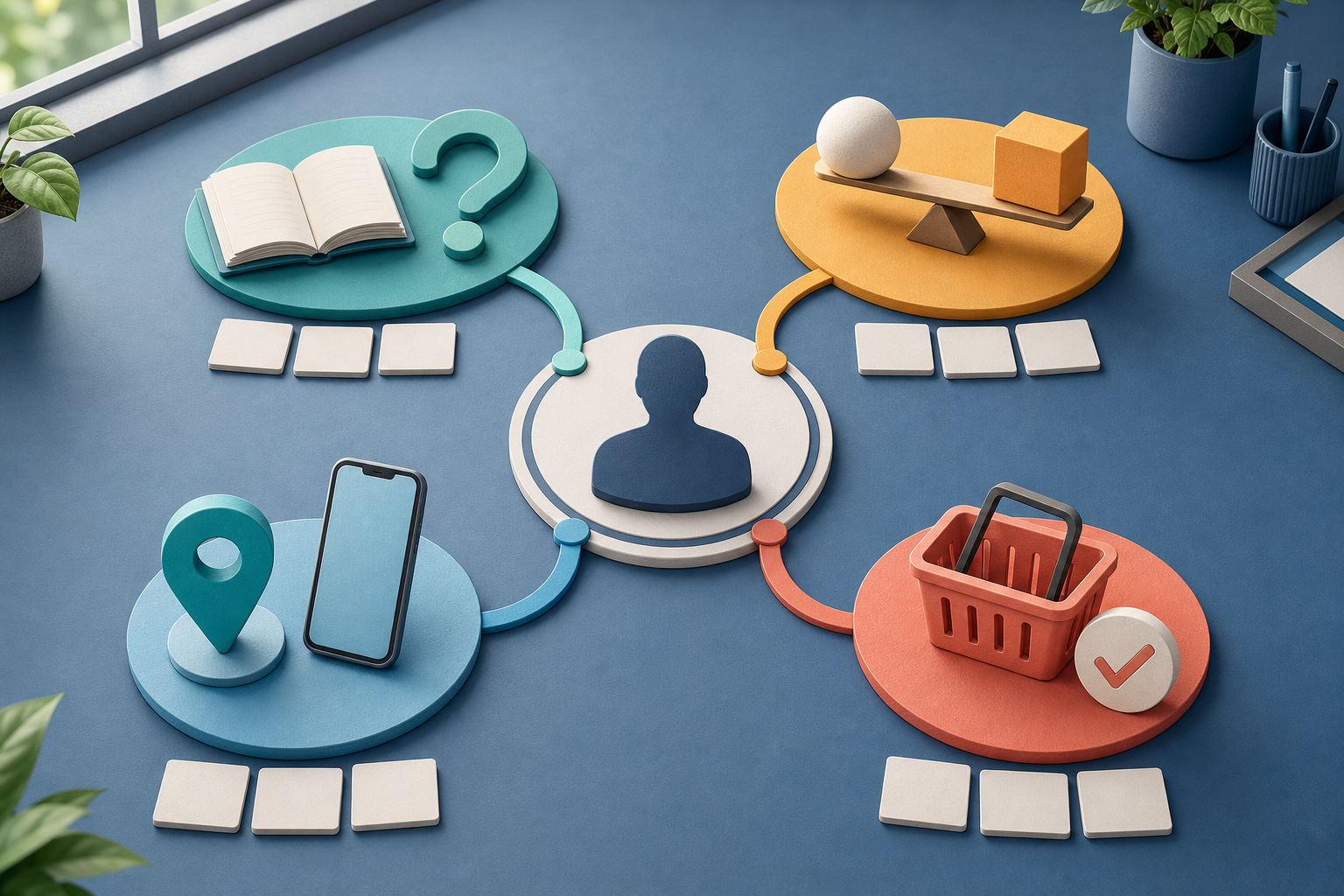 A strategist arranges icon clusters for learning, comparison, local action, and purchase around a central searcher symbol on a tabletop.