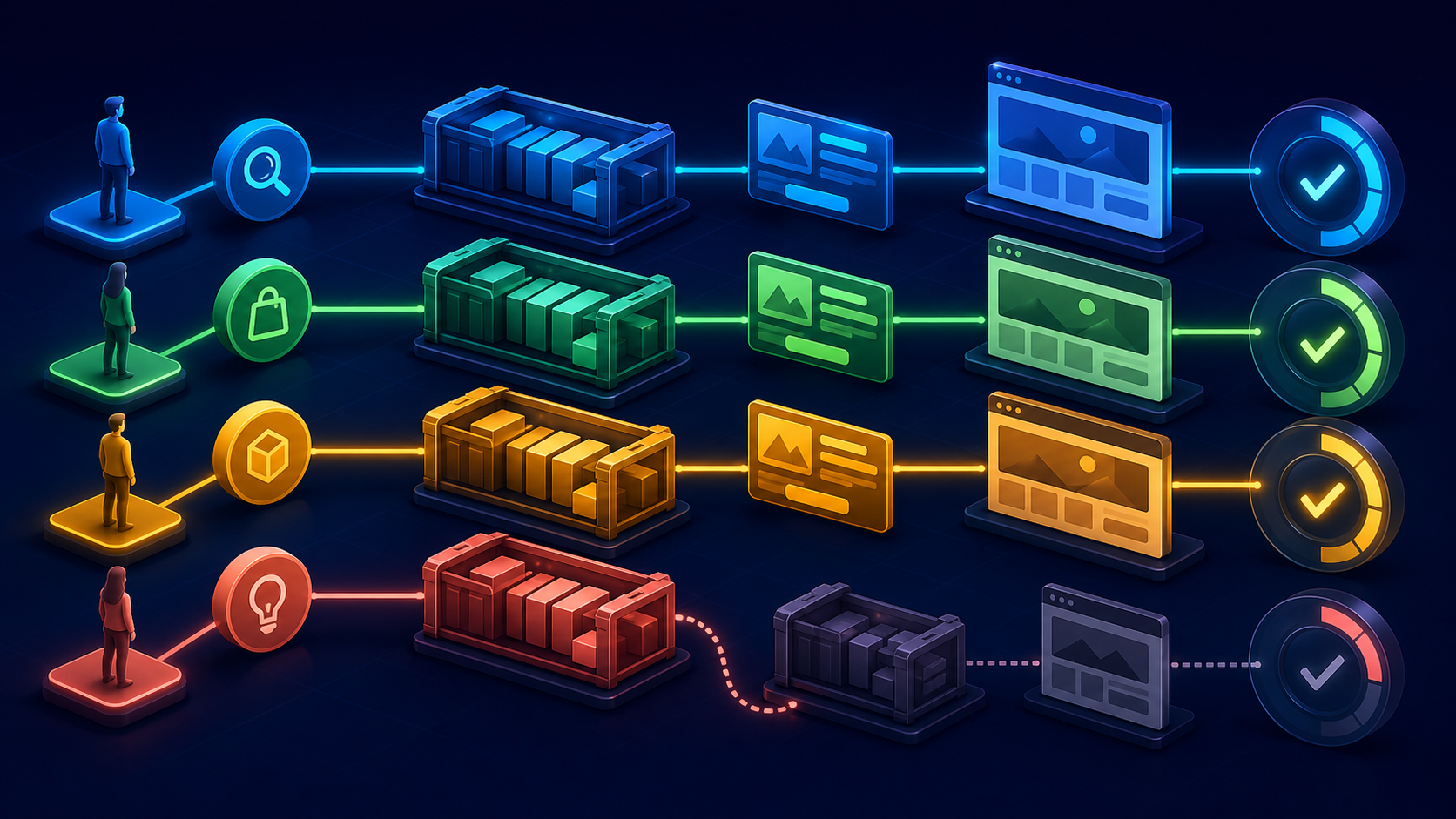 Colored pathways connect searcher intent symbols to campaign containers, ad cards, landing pages, and evaluation instruments, while one mismatched pathway is diverted.