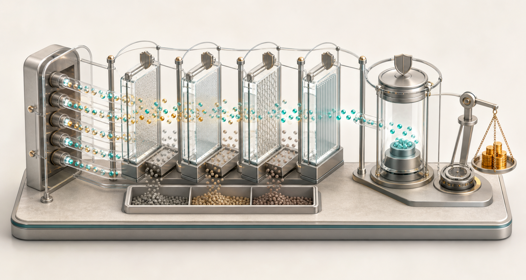 Glowing signal particles pass through transparent filters that remove duplicates and low-quality events before verified tokens reach a value balance.