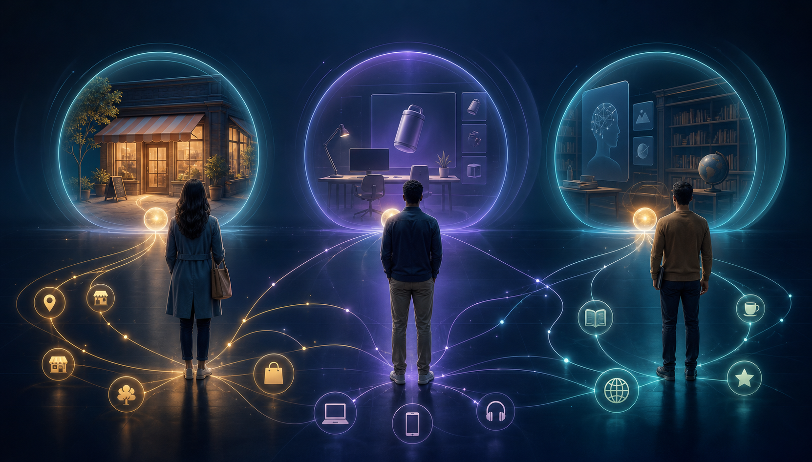 Three people face separate glowing search portals that lead to different destinations based on surrounding context symbols.