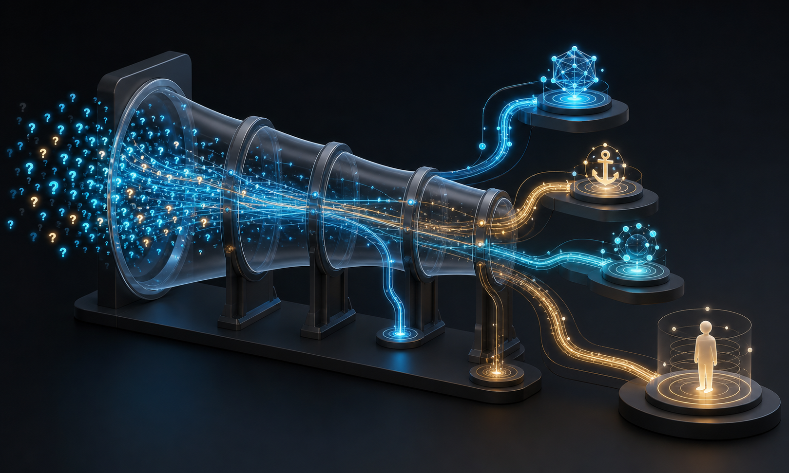Light particles move through transparent funnel stages and branch toward evidence, citation, recommendation, and human interaction points.