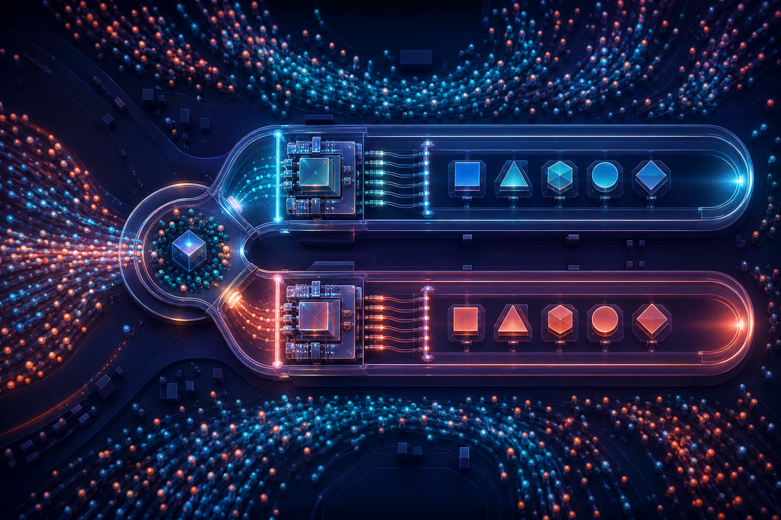A randomized split feeds two protected experiment lanes with matching bidding machines while uneven audience signals flow through an automated auction environment.