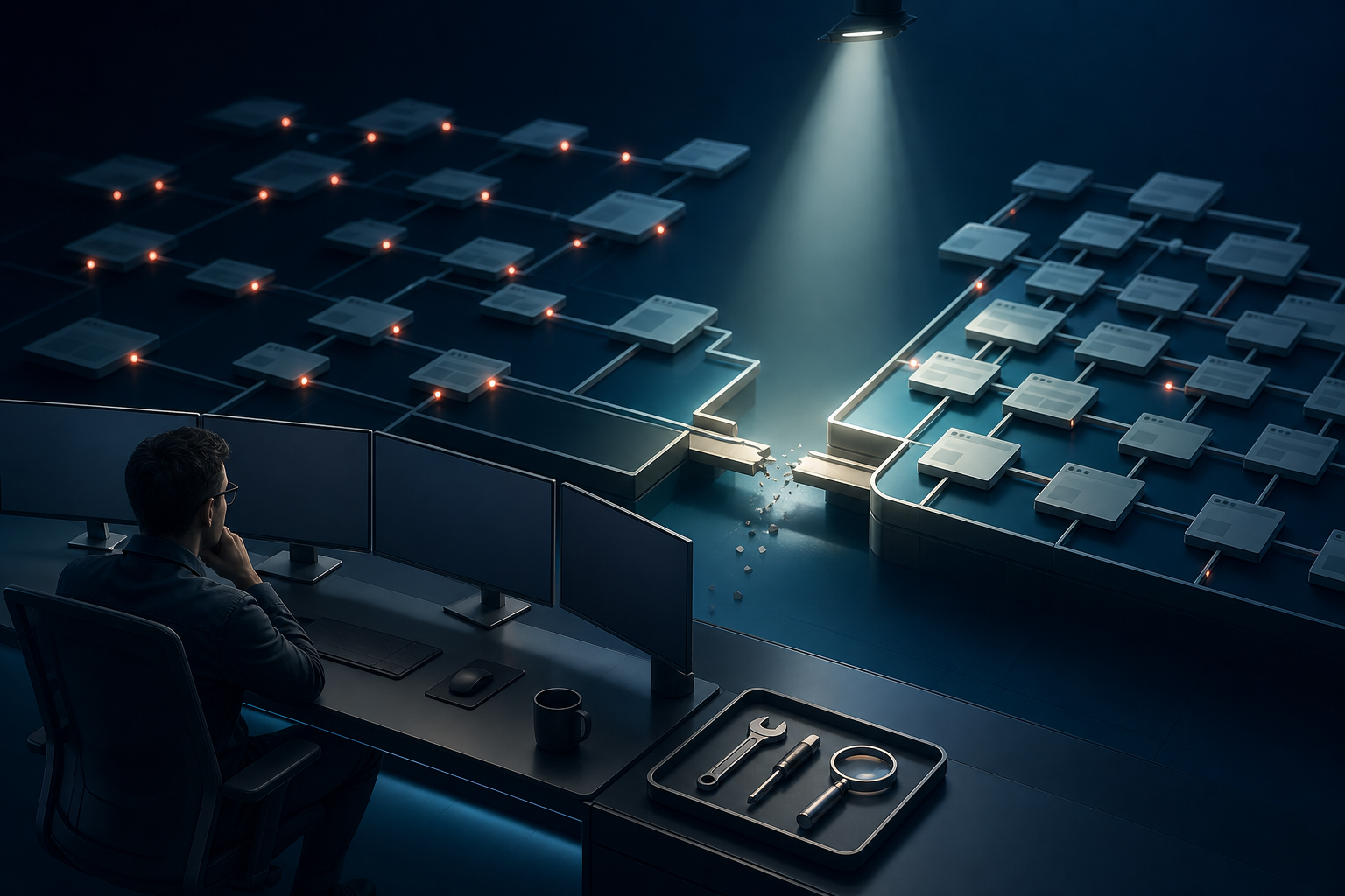 A specialist examines an abstract website structure with many warning lights while one broken pathway is highlighted for attention.
