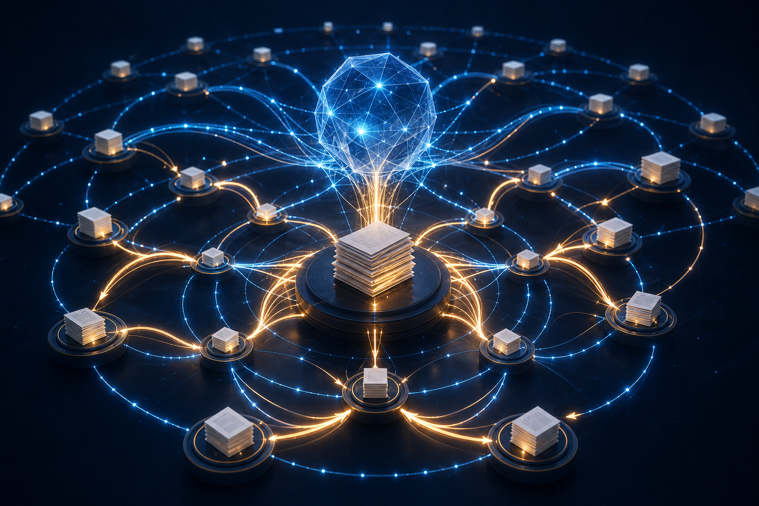 A glowing network links a stack of source documents to a faceted central core and expanding rings of reference nodes.