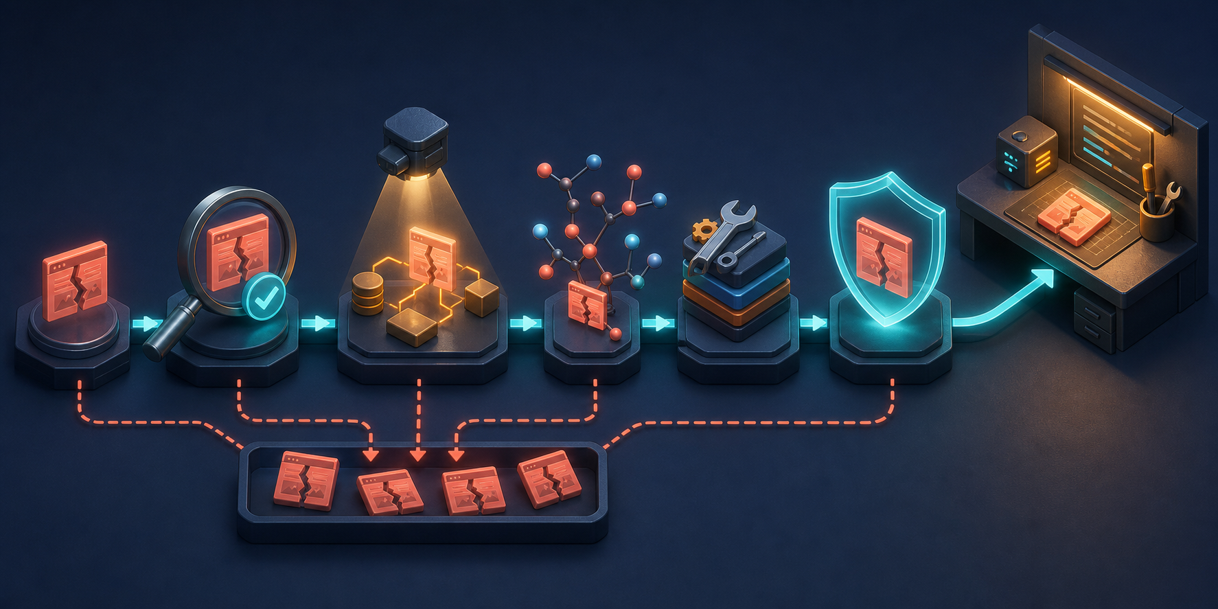 An isometric system moves a broken webpage tile through checkpoints represented by a magnifying lens, connected network, tools, and shield before it reaches a workbench.