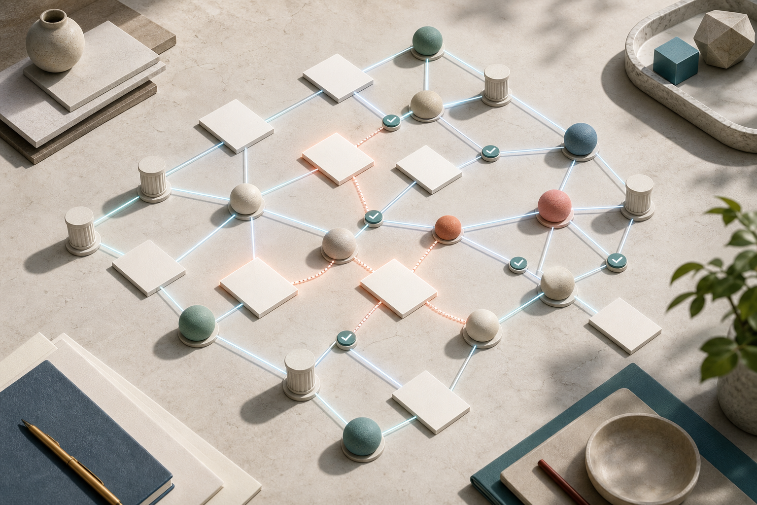 An isometric network of blank document tiles, source pillars, topic spheres, and verification markers sits on a planning table.