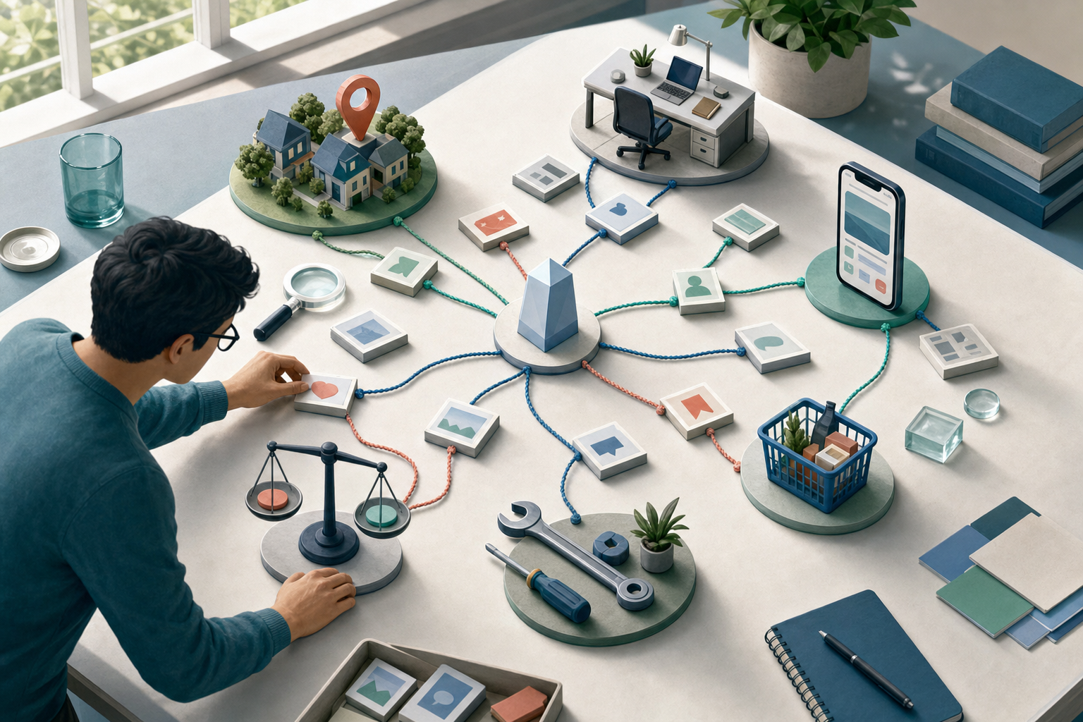A strategist connects audience situations, content tiles, and evidence objects around a central beacon on a tabletop.