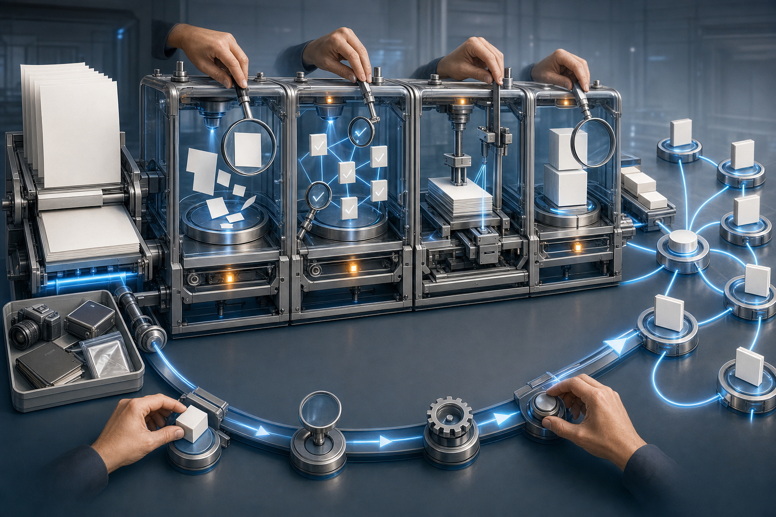 A transparent modular workflow turns blank source pages and evidence objects into reusable information blocks connected to reference nodes.