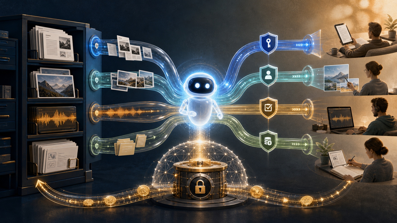 A digital assistant routes material from a publisher archive through separate access, permission, attribution, and payment channels to completed user tasks.