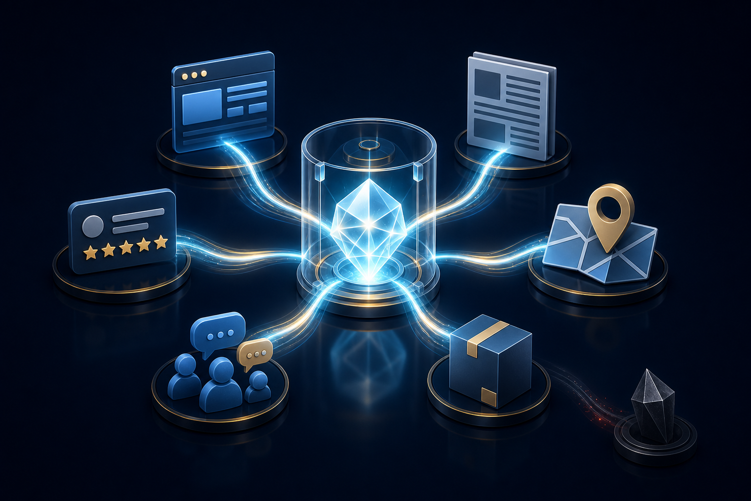 Generic website, review, directory, community, news, and product sources converge as light around a central verified record.