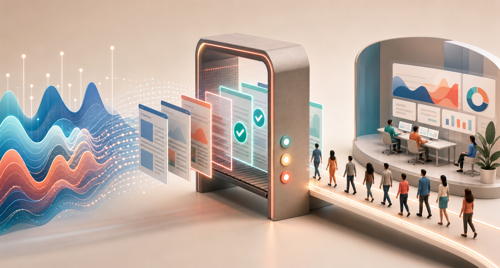 Editorial illustration of search-interest signals, scanned web pages, and visitor activity connected in a three-stage measurement workflow.