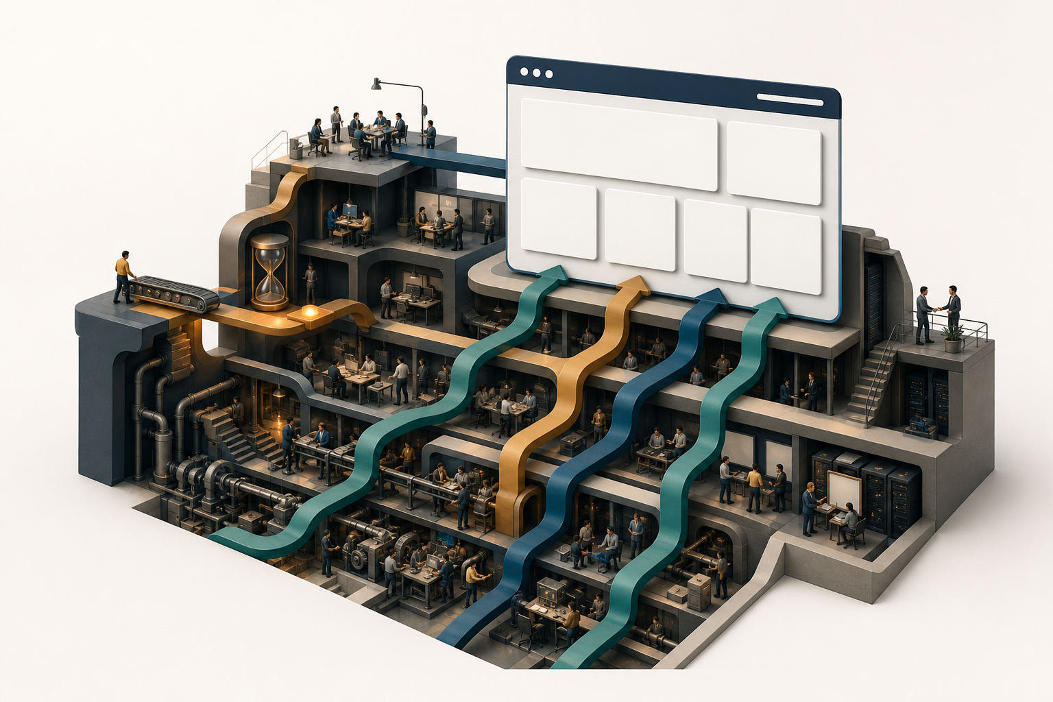 Conceptual cutaway illustration of a website supported by interconnected teams, approval gates, workflows, and production systems, with one upstream bottleneck.