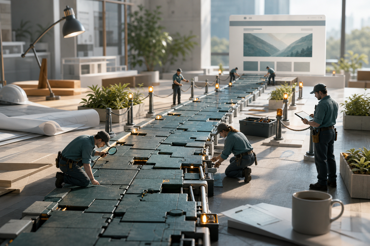 A maintenance team inspects a long pathway of website tiles where many small misalignments and missing supports have accumulated.