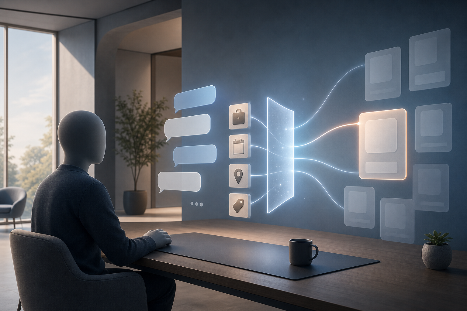 Anonymous user at a generic conversation interface as task-related objects pass through a privacy shield toward one relevant product card.