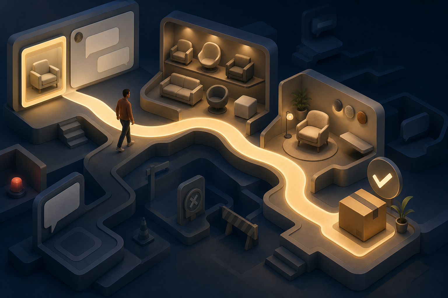 A person follows a continuous illuminated path from a sponsored conversation module through comparison and configuration to a completed purchase.