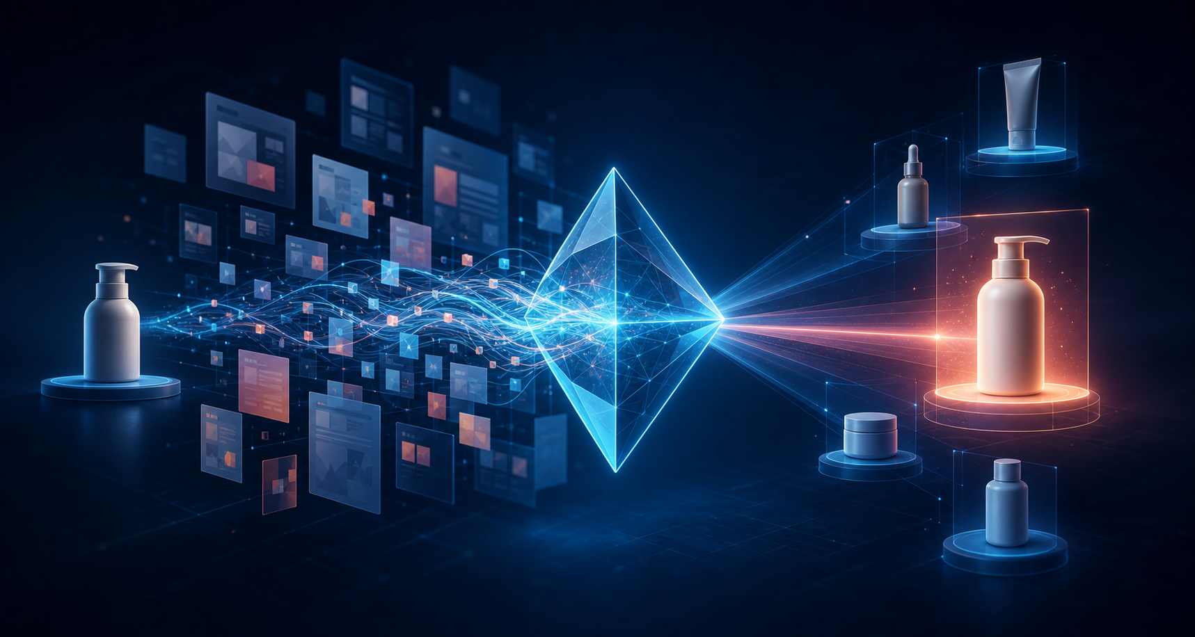 An unbranded product moves through web content and glowing AI pathways before emerging as the highlighted choice among several options.