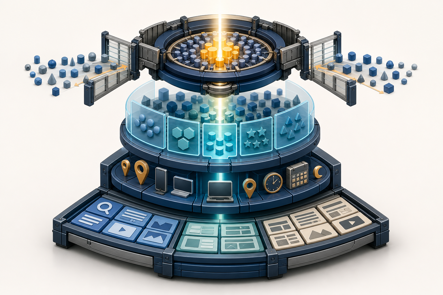 An isometric targeting system shows layers for intent, context, audience qualification, and controlled automated expansion.
